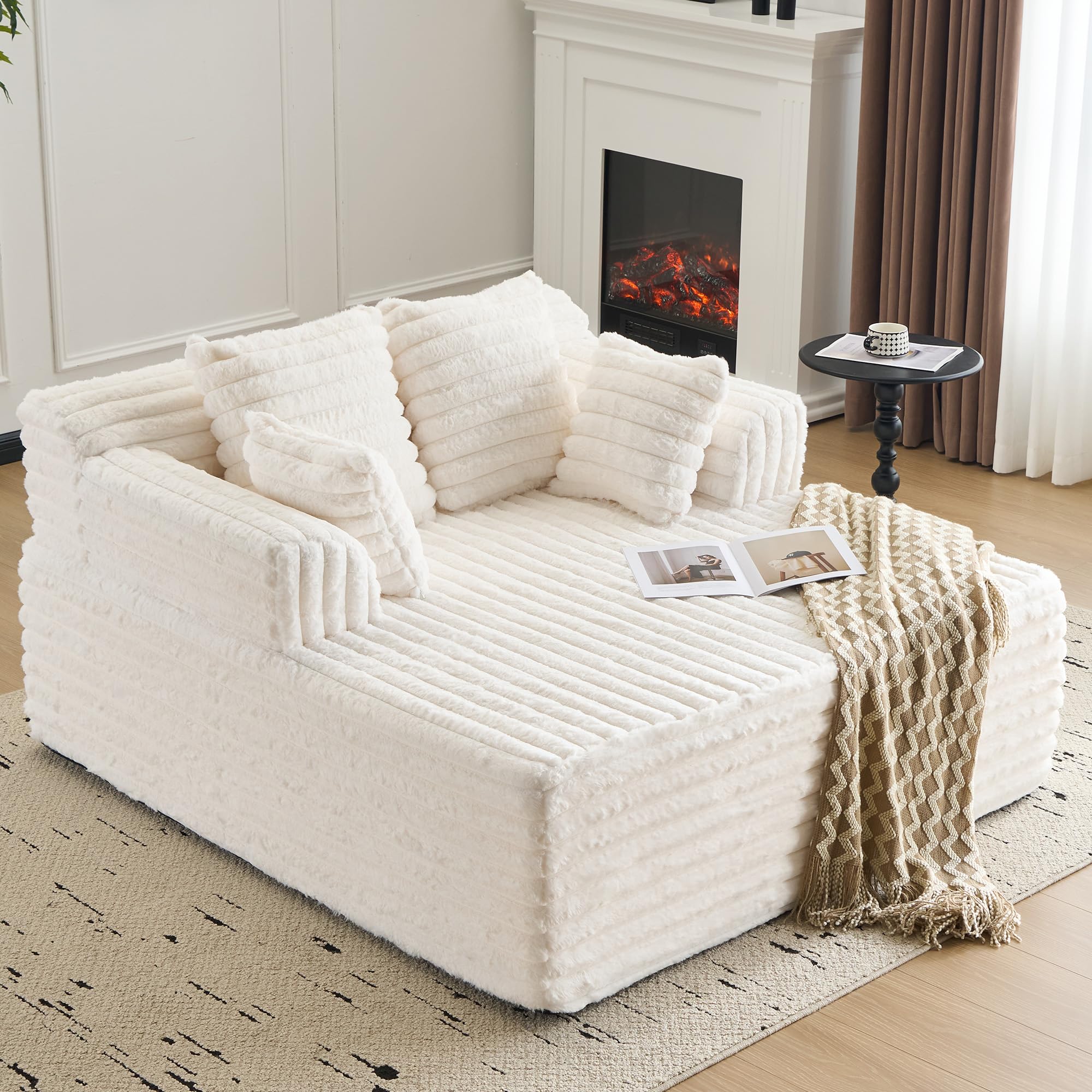 61 Inch Chaise Lounge Indoor,Oversized Upholstered Boneless Sofa Bed with Pillows, Plush Faux Fur Sleeper Chair Reading Chairs with Armrests,Cloud