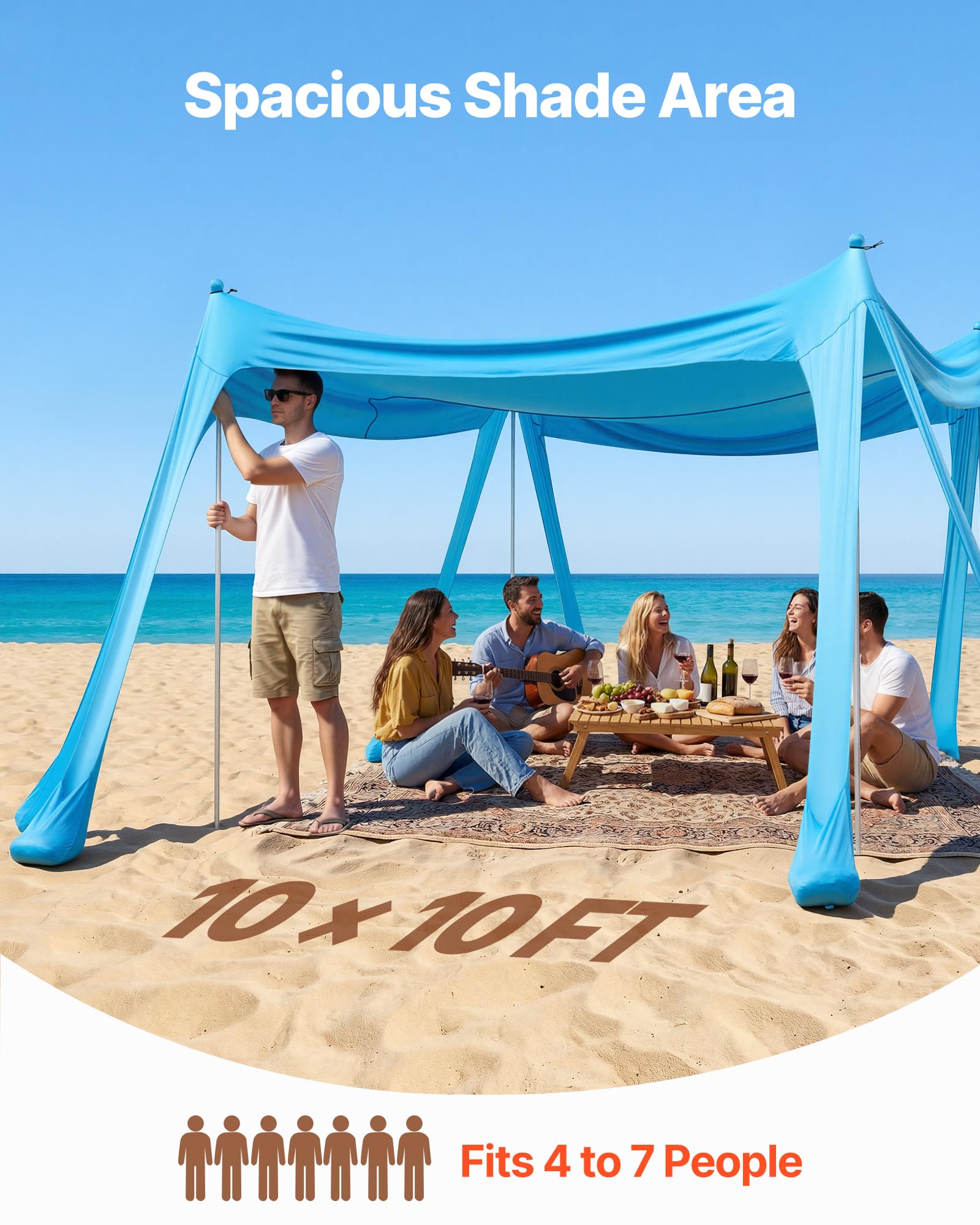 VEVOR Tenda Parasole da Spiaggia Protezione Solare UPF 50+ Portatile 3x3x2 m, Tenda da Spiaggia Parasole con Sacchi di Sabbia Ancoraggio Pali di Supporto, per Campeggio Viaggio Pesca, Blu