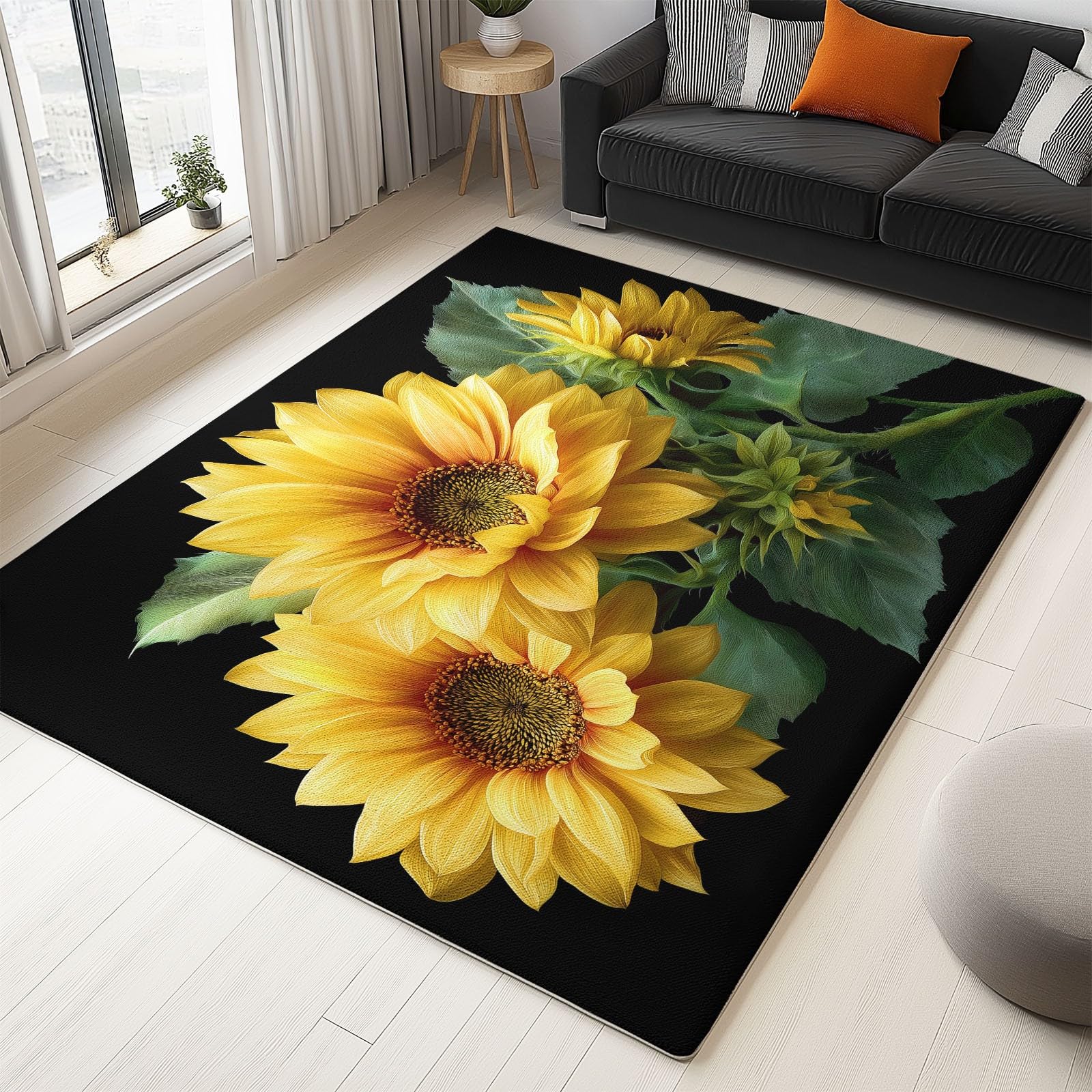 Tapis moderne salon fleurs tournesols noir rectangulaire 120x170 cm