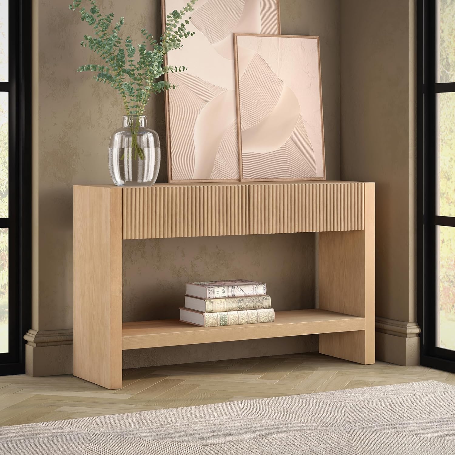 Henn&Hart 48'' Wooden Rectangular Fluted Console Table, Ribbed Entryway Table, Sofa Table with 2 Storage Drawers and Open Storage Shelf for Entryway, Living Room, Couch, Hallway, or Office, Light Oak