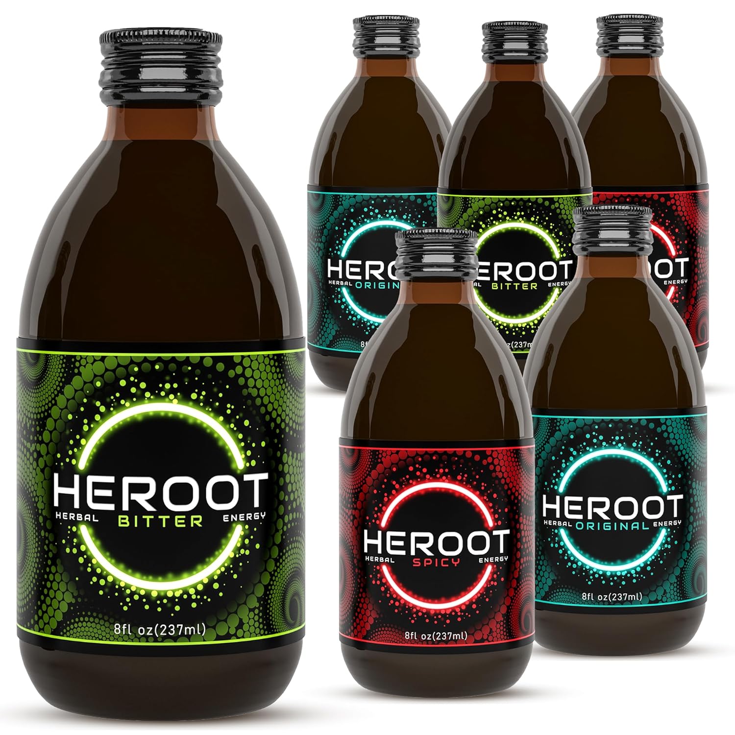 Heroot Herbal Energy Tea - Uplifting Plant-Based Drink with Yerba Mate & Guarana - Refreshing Beverage Featuring Natural Caffeine - Zero Crash, Free from Additives - 8 fl oz, Variety 6-Pack