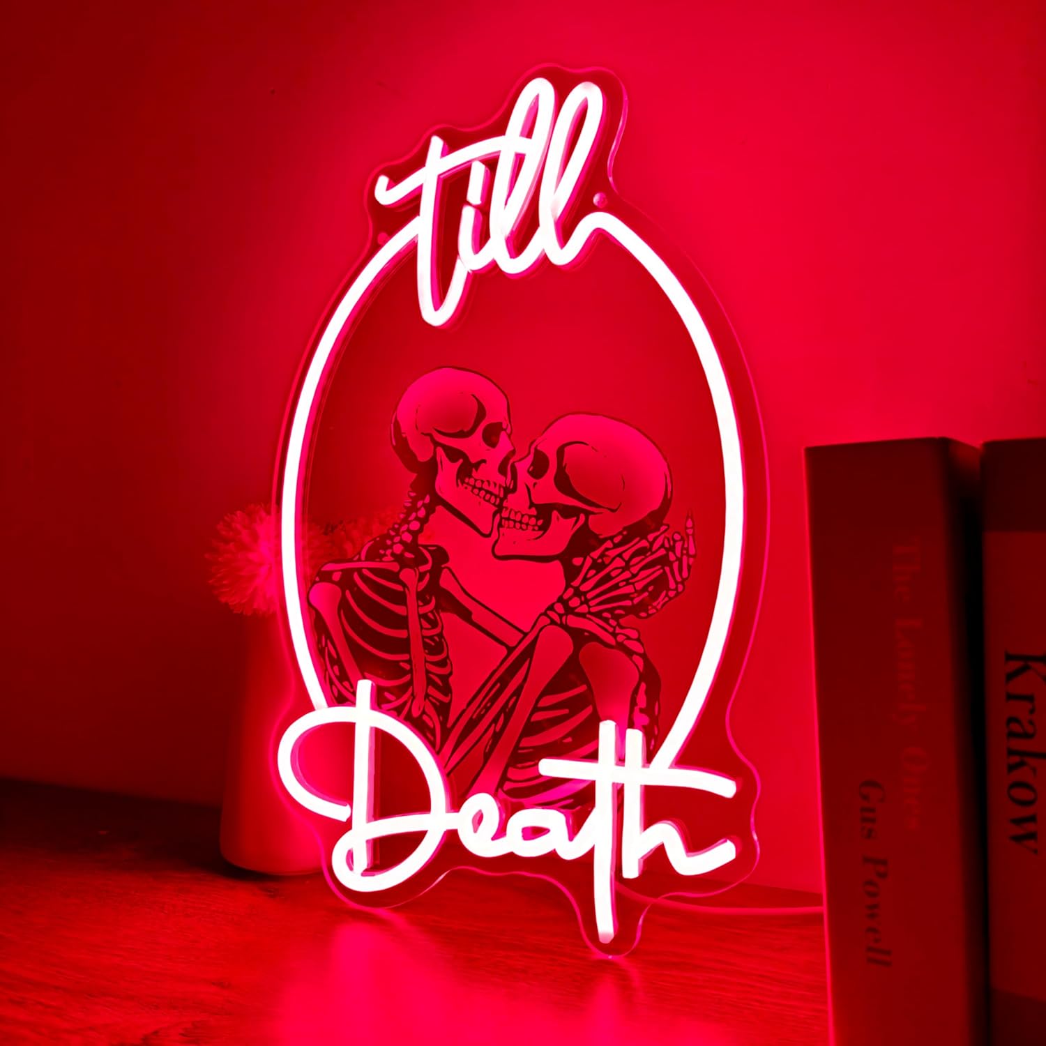 Till Death Skeletons Red Neon Sign Gothic Couple Room Decor Gothic Eternal Love Aesthetic Neon Light Edgy Valentine's Gift for Lovers Holloween Decoration