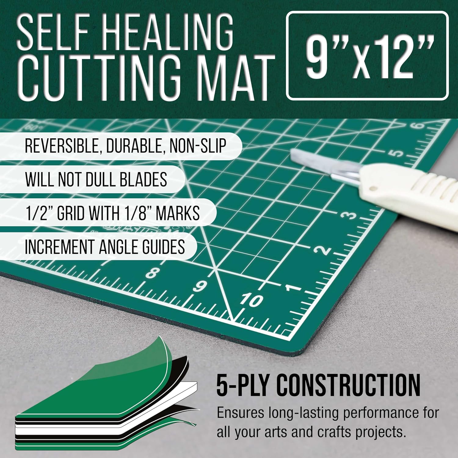 U.S. Art Supply 9" x 12" Self-Healing Cutting Mat 5-Ply - Double-Sided Green/Black Craft Mat, Non-Slip Cutting Mats for Crafts, Sewing, Quilting, Scrapbooking