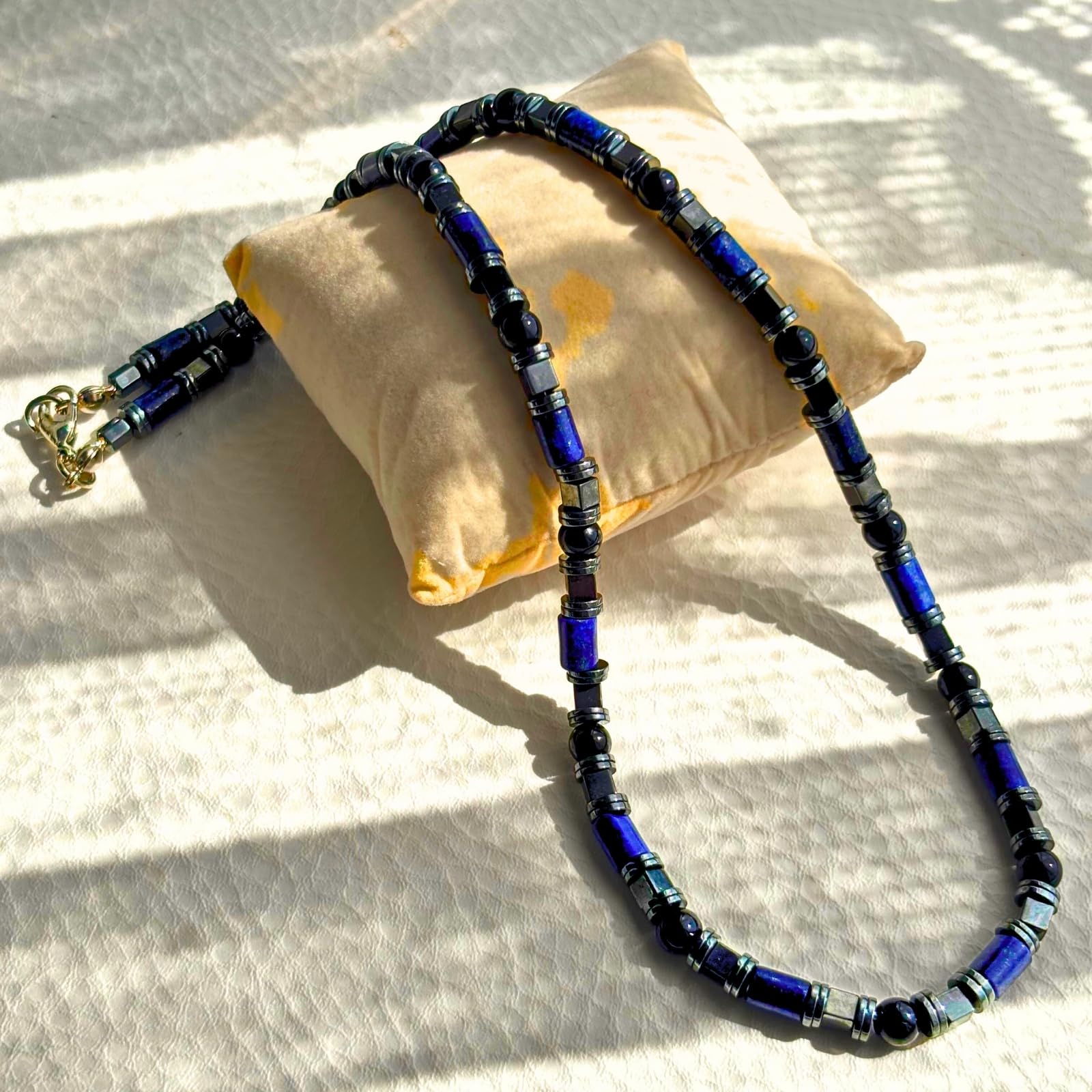 Ayrestyle Erkek Lapis Lazuli, Hematit ve Oniks Doğal Taş Kolye, 51 cm Uzun Zincir, Güç ve Denge Kolyesi - sevgililer Günü Hediyesi - Hediye Kutulu