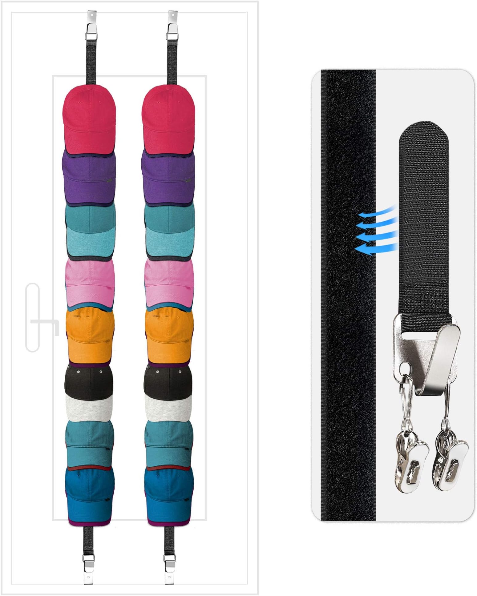 Famistar 2 Pack of Baseball Cap Holder 32 Caps,Adjustable Cap Display Rack Strap with 8 Hooks and 16 Clips for Door,Closet and Wall,Hat Storage Organizer