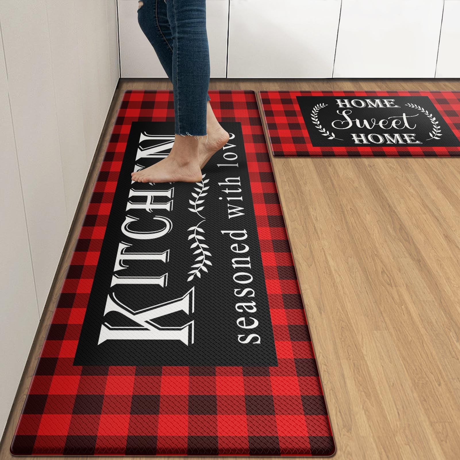 Arttown Black Red Farmhouse Anti-Fatigue Kitchen Rug Set of 2 Buffalo Plaid Cushioned Floor Standing Mat Waterproof Non-Slip Kitchen Mat and PVC Ergonomic Comfort Foam Rug — image 1