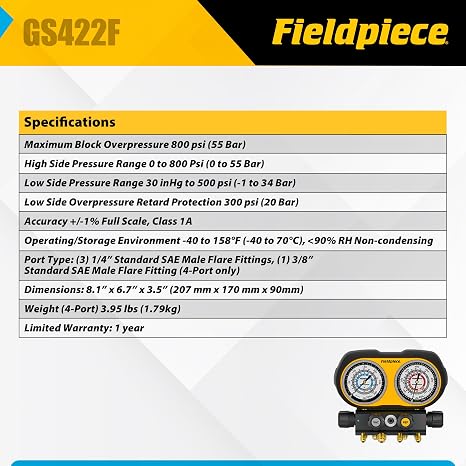 Fieldpiece GS422F 4-Port Analog Manifold Gauge Set | HVACR Refrigerant Manifold w/Sight Glass - Compatible with R22, R32, R454B, R410A - Swappable Hose Holders & High-Grip Knobs
