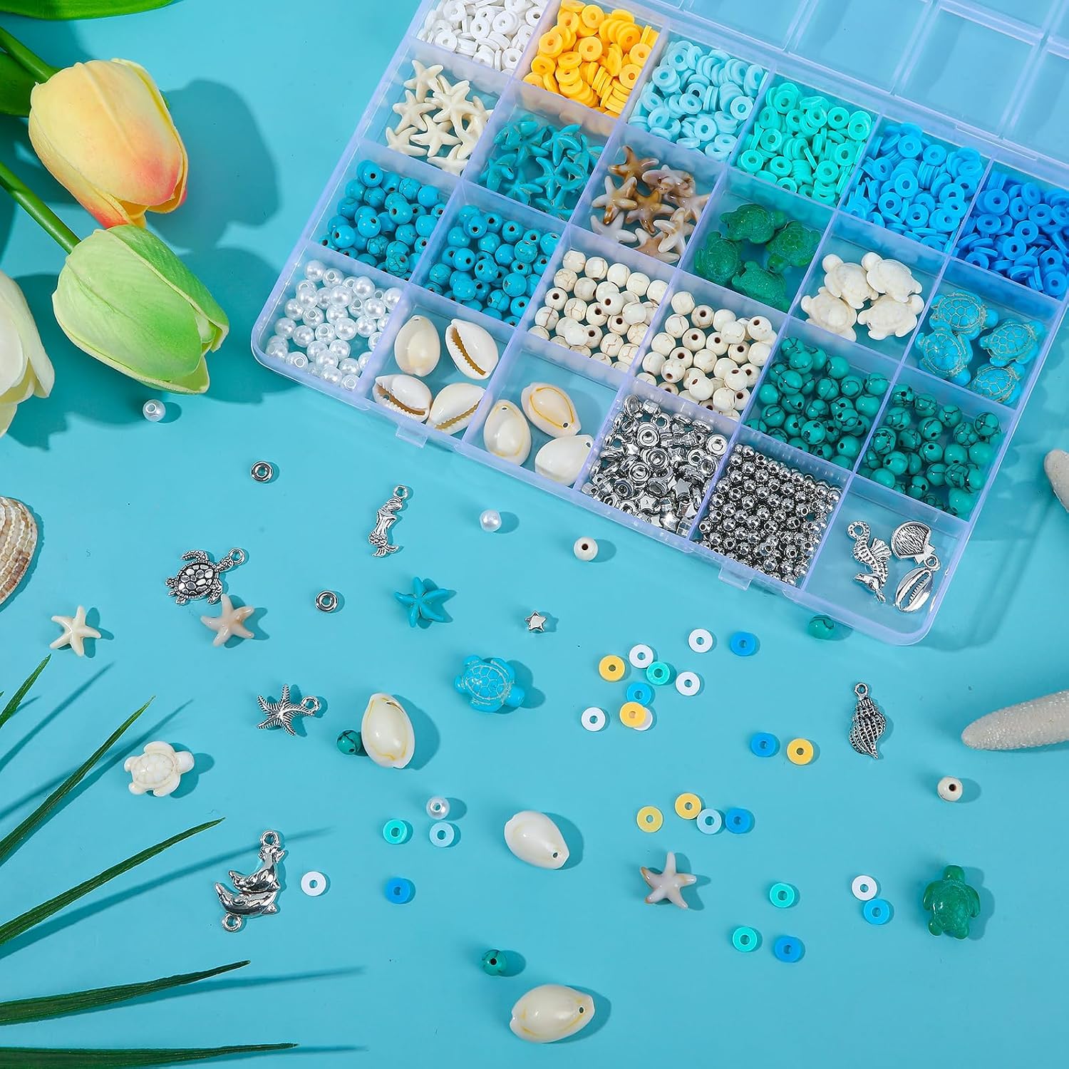 UPINS 2100Pcs Ocean Beads Bracelet Making Kit,Summer Beach Beads for Jewelry Making Sea Shell Blue White Turquoise Starfish Turtle Charms for Summer DIY Craft Gift