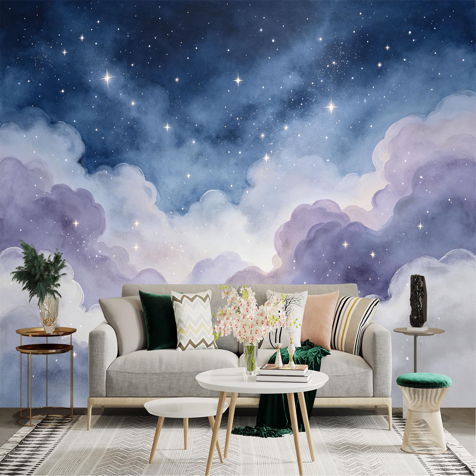 Lnzczhyre Dbh260521937 Custom Size Wall Sticker Mural， Dreamy Pastel Watercolor Clouds， Sparkling Night Sky， Ethereal Celestial Atmosphere， For Wall Decoration， Peelandstick Wall Decals.
