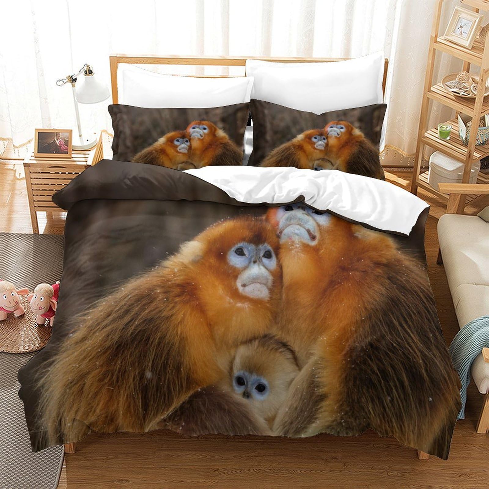 P1S9U7W5Y 3D Printed Golden Monkey Animal Duvet Cover Set 3pcs Microfiber Monkey Bedding Set King