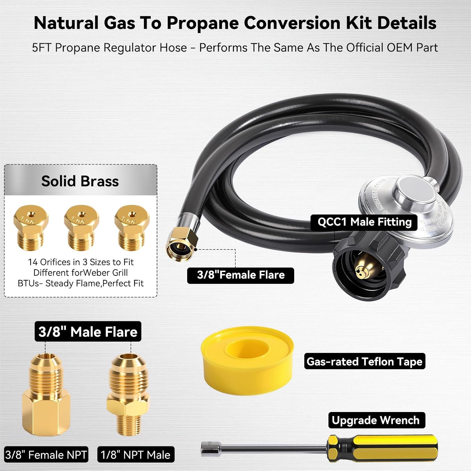 Natural Gas to Propane Conversion Kit for Weber Genesis/Genesis II/Spirit II Grills - Includes 5FT Propane Regulator Hose, Multi-Size Orifices (14Pcs), 3/8” Fittings & Tools