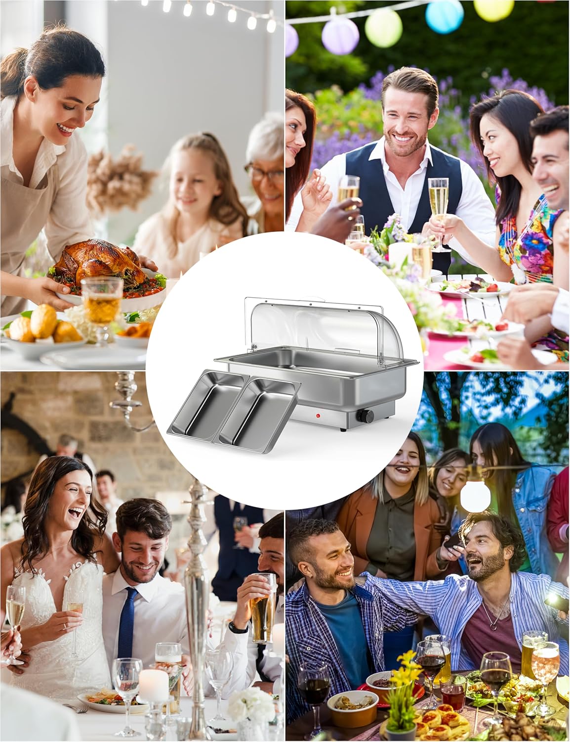 Garvee Electric Chafing Dish Buffet Set, 9 qt Roll Top Food Warmer With Transparent PC Lid, with 1 Full-Size Pan & 2 Half-Size Stainless Steel Chafer for Catering Parties(2 Packs)