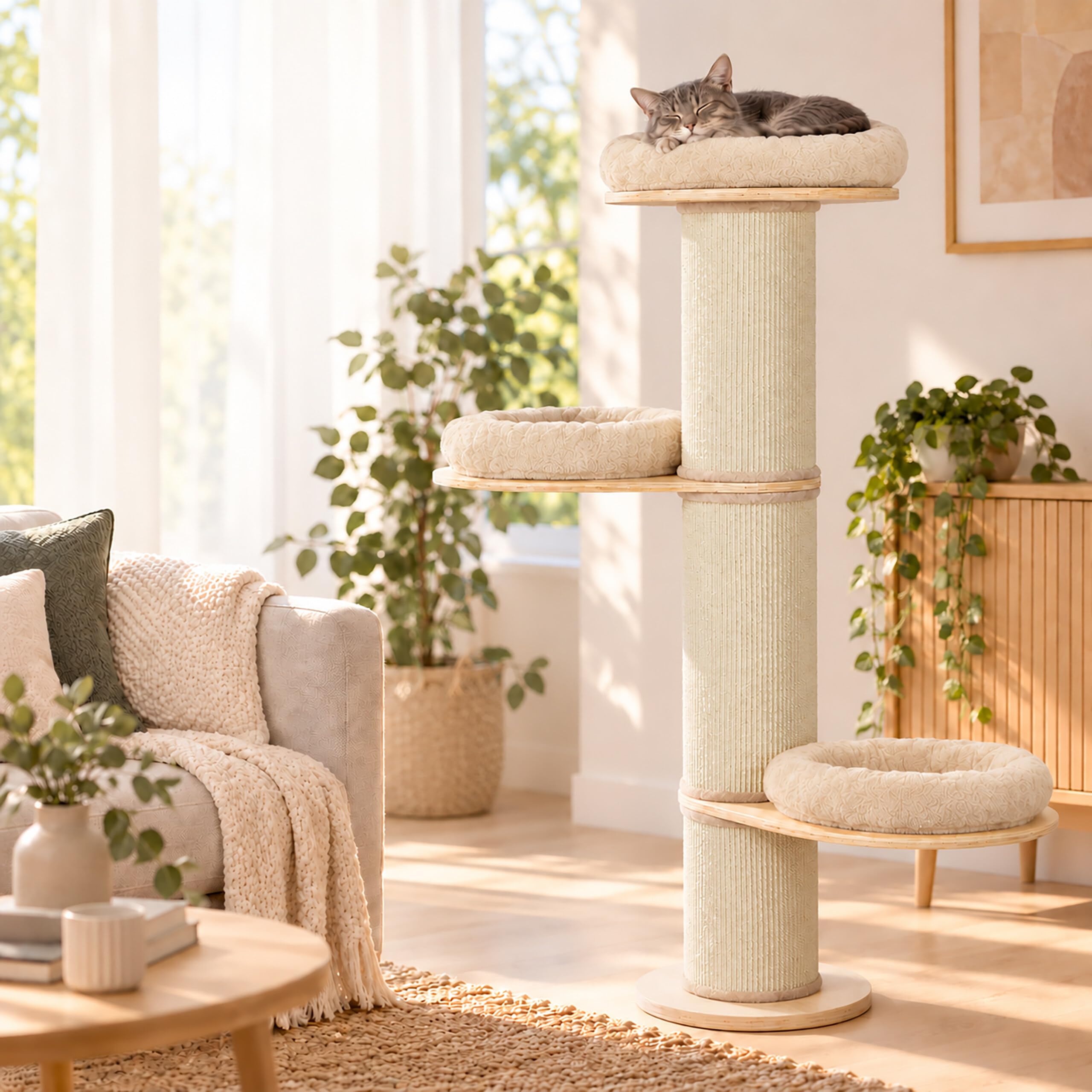 Relaxdays Kratzbaum, 3 Liegeflächen, mit Kissen, beige, Natur