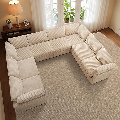 Luxury Modular Sectional Sofa Couch - 130" Oversized U Shaped Cloud Couch for Living Room,Deep Seat Upholstered Convertible Sleeper Sofa Couch with Reversible Chaise,Plush Corduroy,Beige