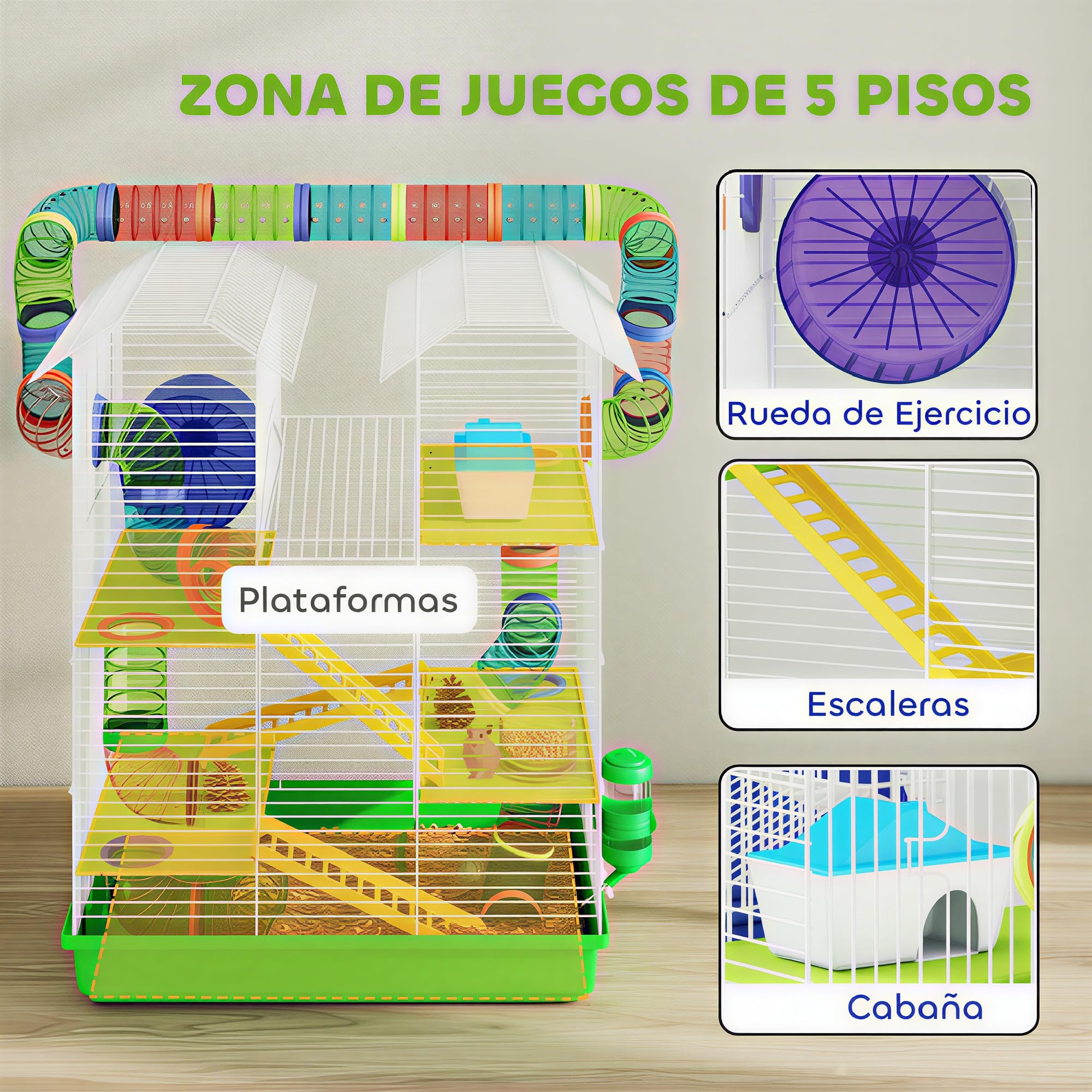 PawHut Jaula para Hámster de 5 Niveles, 47x30x59 cm, Casa para Animales Pequeños con Túnel, Comedero, Bebedero, Casita, Rueda de Ejercicio, Escaleras, para Ratas y Jerbos, Verde