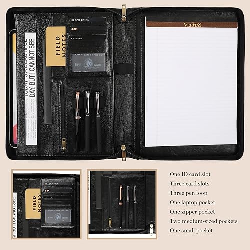 Miniatura 2 de Cartera de cuero genuino, organizador de padfolio de 11 x 14 pulgadas con cremallera, cartera profesional de negocios para hombres y mujeres,