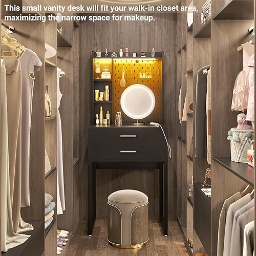 Miniatura 5 de Escritorio pequeño de tocador con aparador y cajones, escritorio de tocador de maquillaje negro con estación de carga, mesa de tocador con luces