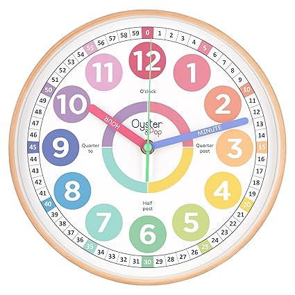 Oyster&Pop Pastel Learning Clock for Kids - Telling Time Teaching Clock - Silent Kids Wall Clocks - Kids Room Wall Decor - Analog Kids Clock for Teaching Time - Kids Learn to Tell Time Easily