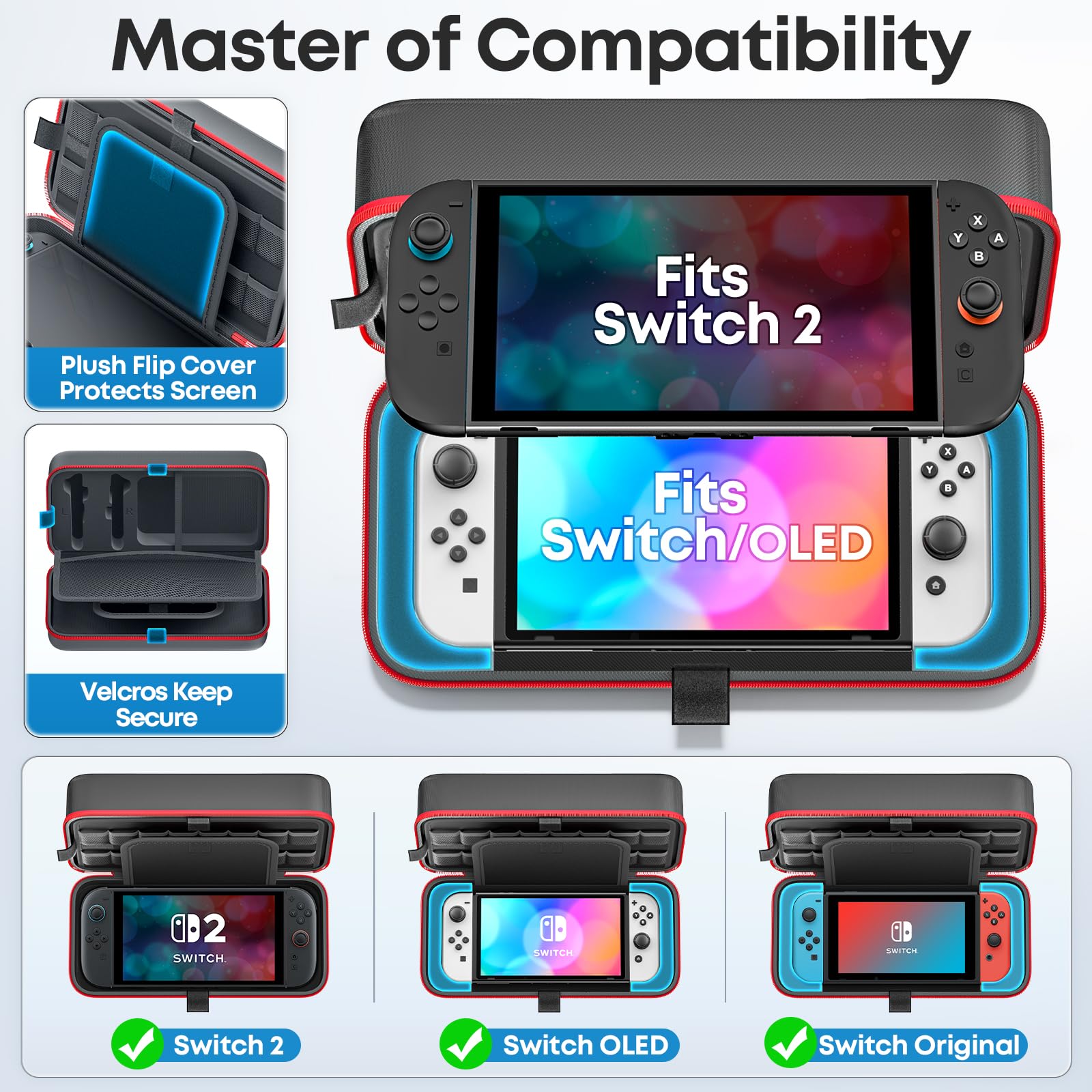 Custodia per Nintendo Switch 2025, Custodia da Viaggio Portatile per Switch 2/OLED/Original con Cinturino in Rete per Organizzare i Cavi, Case Switch 2 Rigida per Joy-Con 2 con 26 Slot Gioco, Rosso - 3