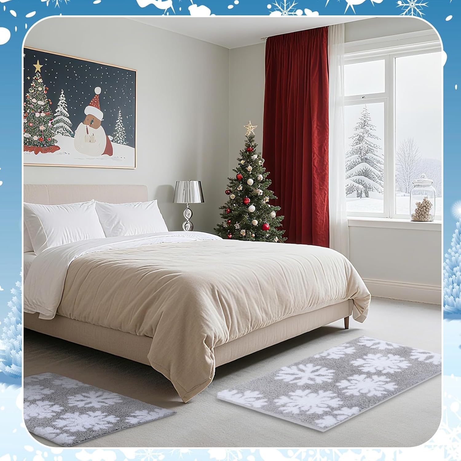 Dunzy 2 Pcs Winter Snowflake Bath Mat Winter Non Slip Soft Microfiber Bathroom Rugs New Year Area Rug for Tub Shower Room Floor, 20 x 32 Inches, 17 x 24 Inches