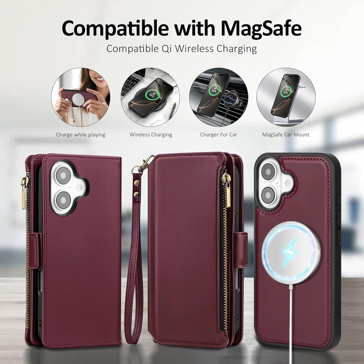 Antsturdy Compatible with Magsafe Magnetic 2 in 1 Detachable iPhone 17 Wallet Case with Credit Card Holder Slots,PU Leather RFID Blocking Phone Cover Wrist Strap Zipper Women Men,Wine Red - Image 6
