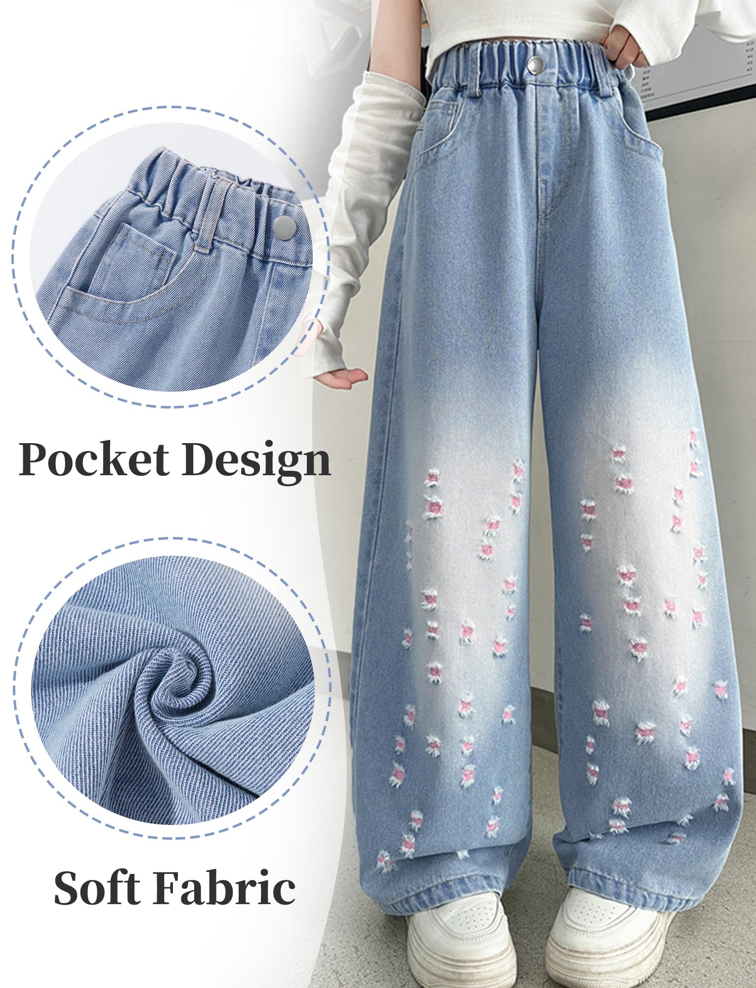 Jeans rasgados para niñas, cintura alta elástica, pierna ancha, pantalones de mezclilla desgastados con bolsillos, holgados, casuales, ropa de calle 5-14 años