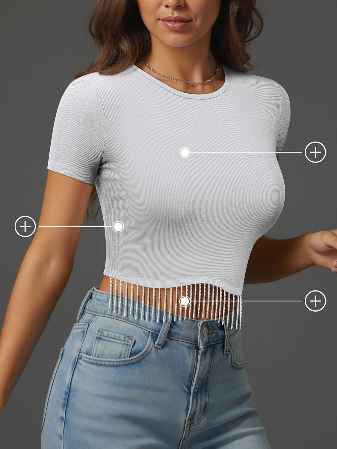 Nlife Womens Nashville Sparkly Glitter Fringe Short Sleeve Cropped Top Raceback Ribbed Crop Tank Tops with Rhinestone Tassel - Image 4