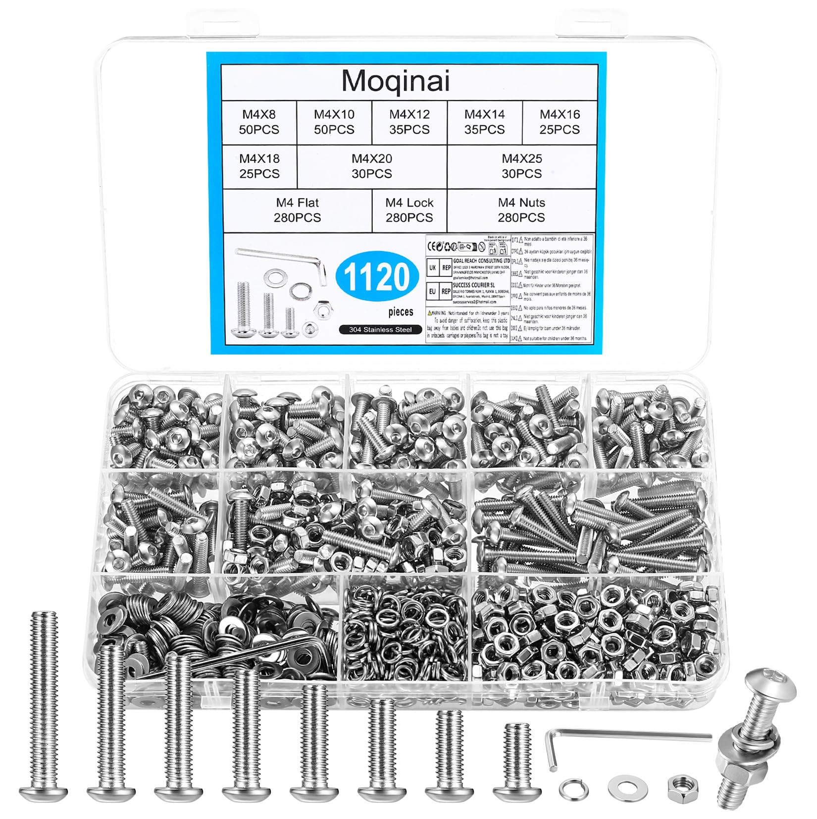 Moqinai 1120PCS M4 Screw Set Stainless Steel, Button Head Hex Socket Screws Nuts and Washers Kit, Metric Allen Bolt Assortment Machine Screws with Storage Box
