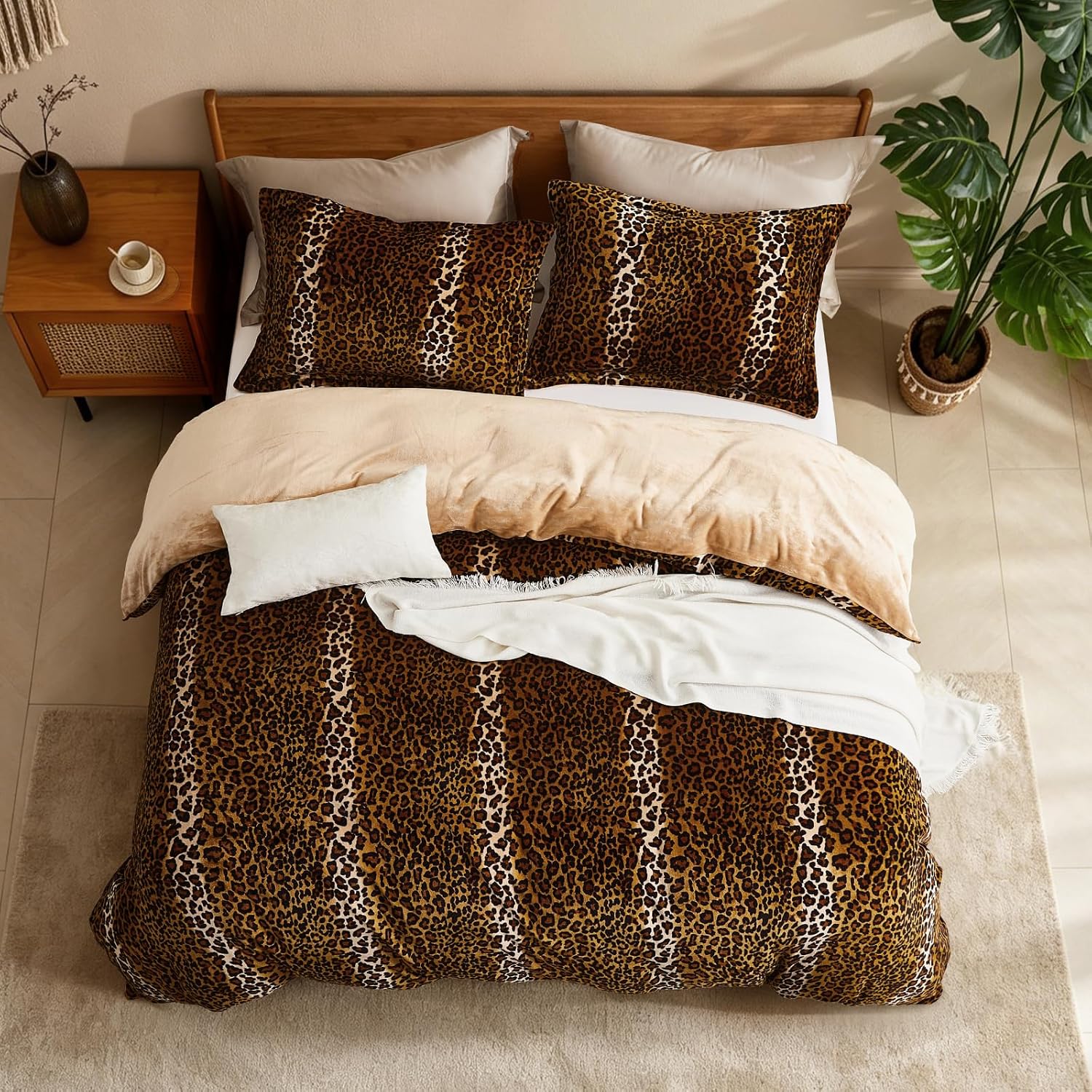 Petrichor Brown Leopard Duvet Cover Set Queen 90" x 90", 3 Piece Set with 2 Pillowcases – Ultra Soft Plush Flannel, Oeko-TEX® Certified Safe Bedding, Zipper Closure & 8 Corner Ties image 3
