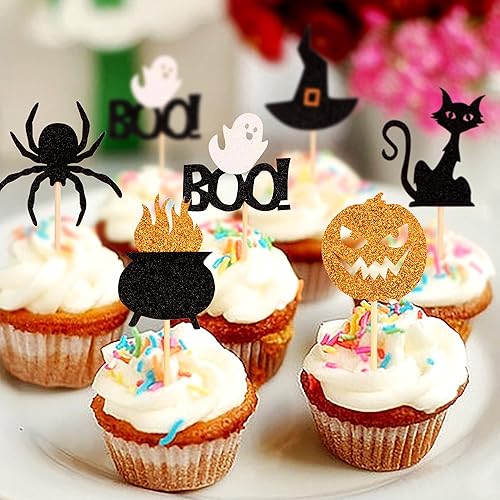 Miniatura 6 de Ercadio Paquete de 24 adornos para cupcakes de Halloween con purpurina negra, murciélago, fantasma, calabaza, sombrero de Halloween para cupcakes,