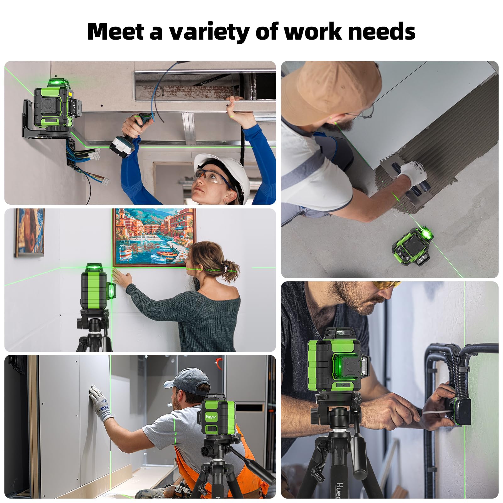 Livella Laser Autolivellante 3x360°,Huepar 45m Livello Laser Verde 12 Linee con 1,27M Treppiede, Base Magnetico, Modalità Impulso per esterni, 4000mAh Batteria al Litio, Custodia Rigida-HM03CGT