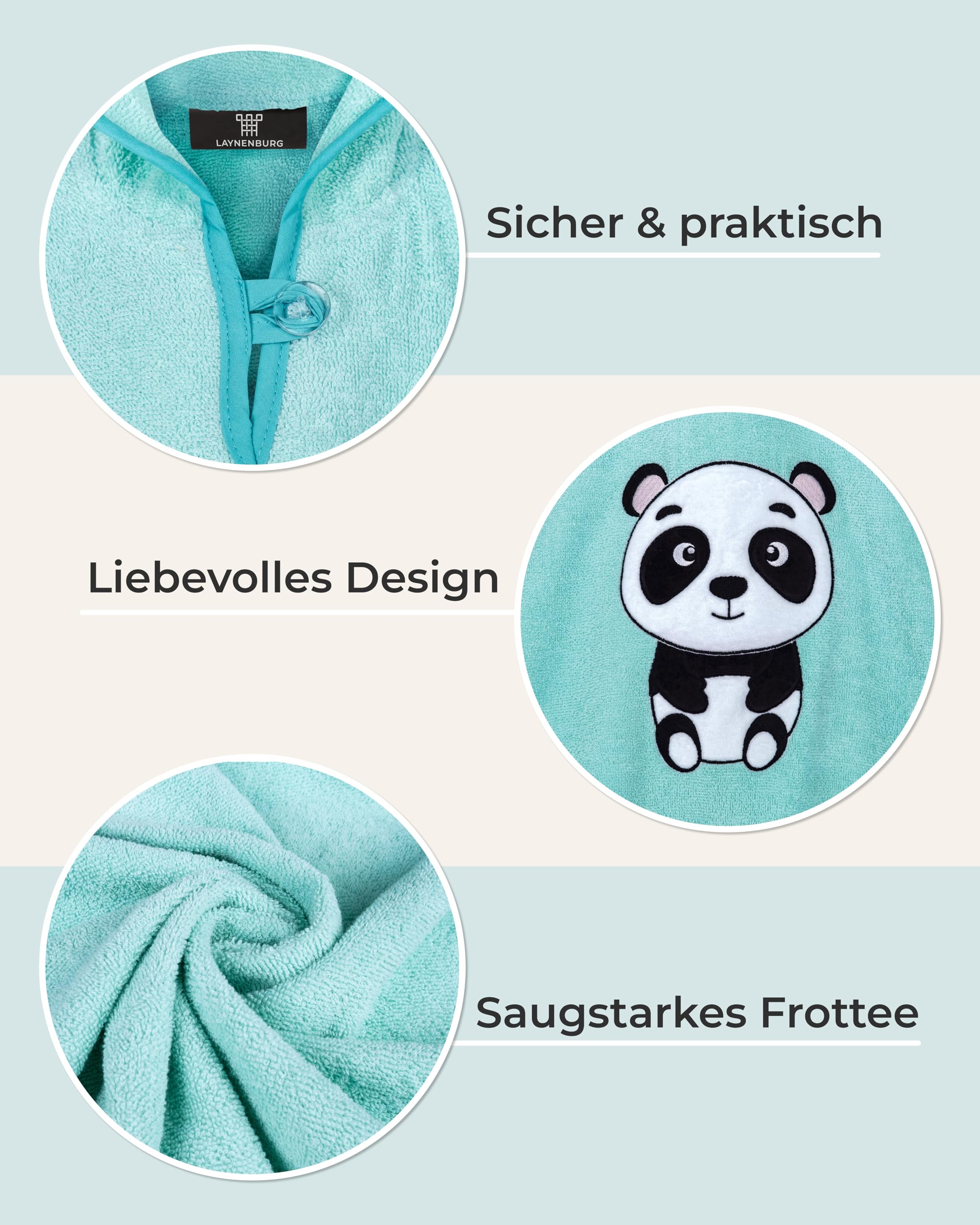 LAYNENBURG Ponczo kąpielowe premium dla dzieci z kapturem – 100% bawełna – Öko-Tex – dla chłopców i dziewczynek, ponczo frotte, Turkusowy - Panda, 3-5 lat