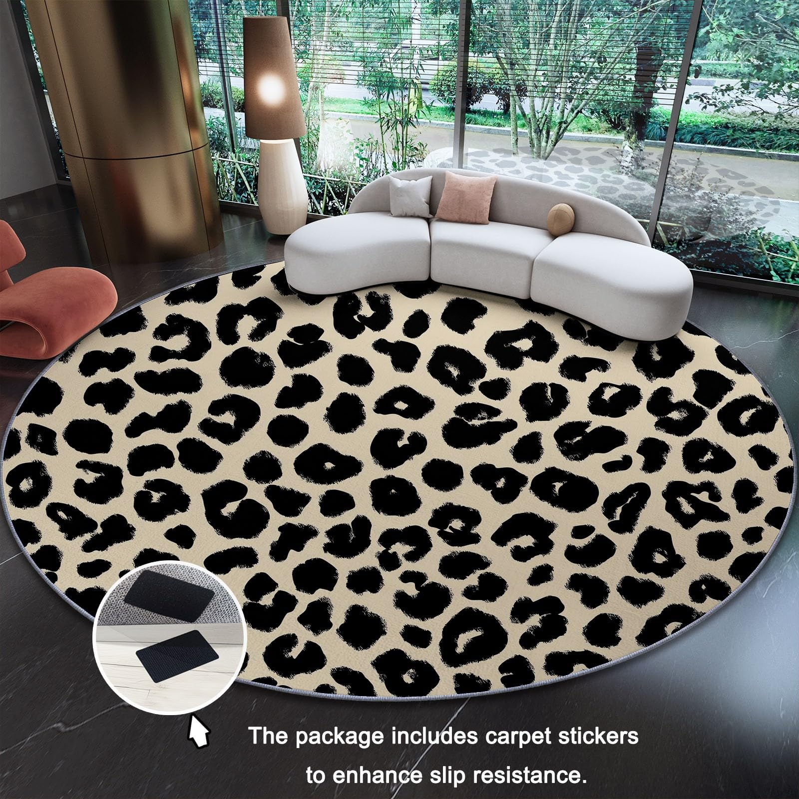 Générique Tapis Rond 160 cm Salon, Design Minimaliste Abstrait Imprimé Léopard Déco Crème Tapis Lavable en Machine et Antidérapant - Idéal Bureau et Fauteuil Roulant Style Moderne
