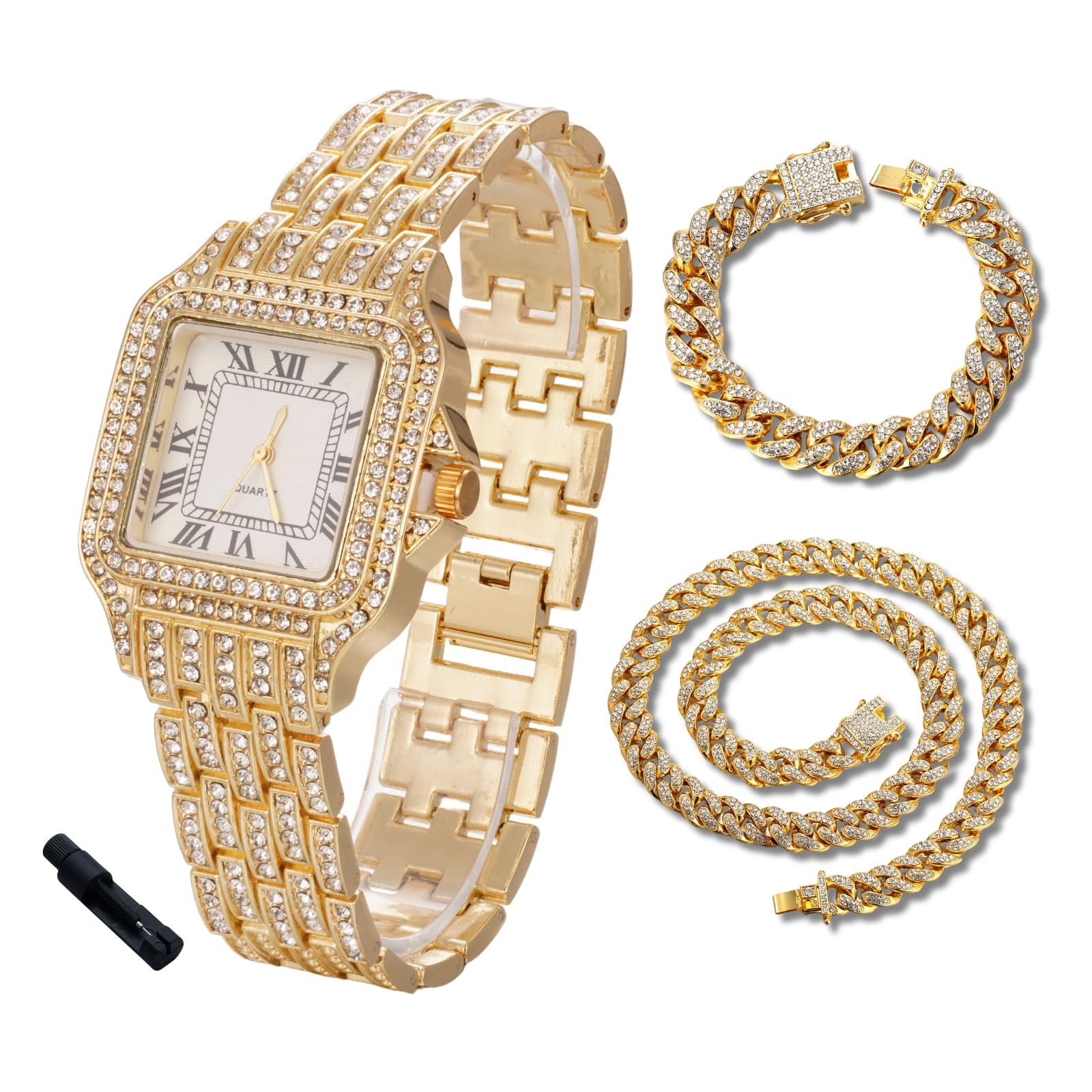 Halukakah Zegarek z diamentami Iced Out dla chłopców, nastolatków, dzieci - pozłacany 18-karatowym złotem/platyną, kwadratowa tarcza 31 mm, japoński kwarc - długość 20,5 cm, opcjonalnie z łańcuchem