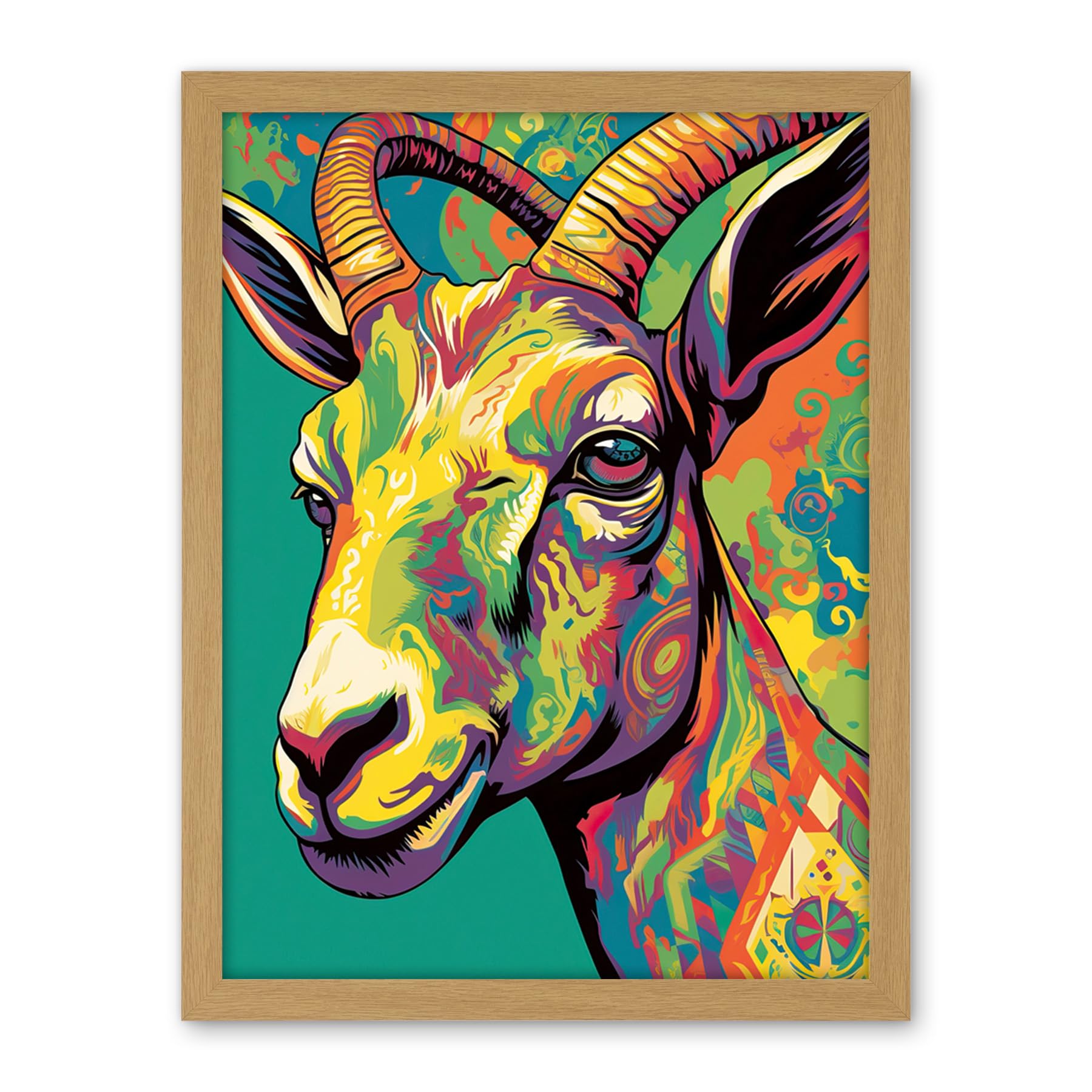 Artery8 The Trippy Goat Psychedelic Portrait Vibrant Colourful Patterns Modern Pop Art Artwork Framed Wall Art Print 18X24 Inch