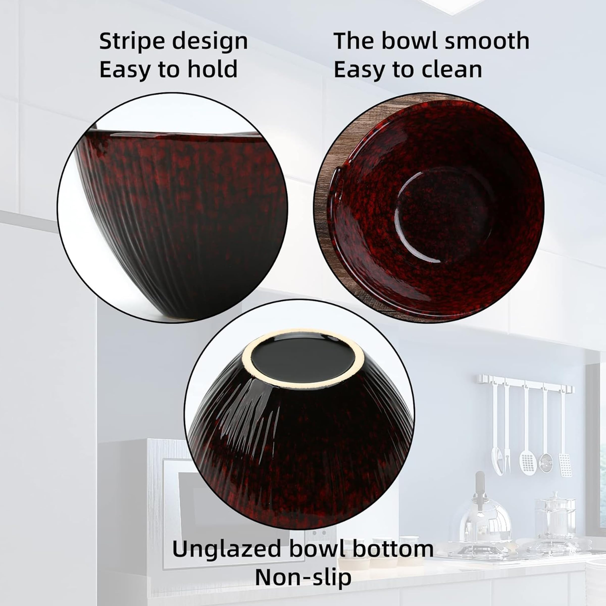 POECER Lot de 2 bols à soupe japonais en céramique avec baguettes et cuillères, passent au micro-ondes et au lave-vaisselle pour pâtes Pho Udon Soba, nouilles, salade, pâtes, cramoisi émaillés