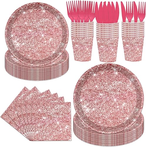 Miniatura 1 de Juego de vajilla de 144 piezas de platos y servilletas de oro rosa, suministros de fiesta de cumpleaños de oro rosa, platos de papel con purpurina