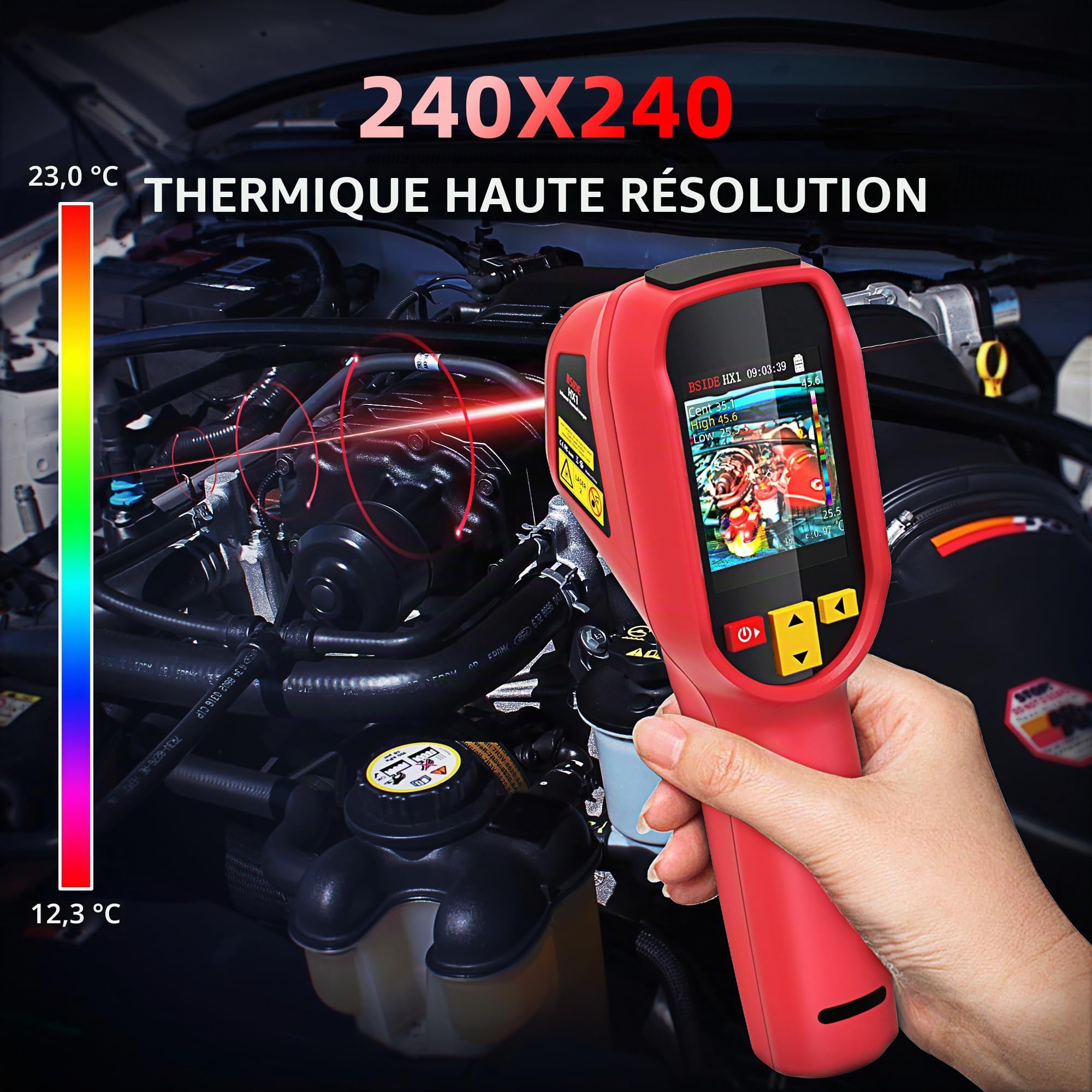 BSIDE HX1 Caméra thermique 240×240 Résolution 15 Palettes de couleurs infrarouge Imageurs thermiques -4°F à 1022°F 25Hz portable Camera thermique avec pointeur laser 8h Autonomie de la