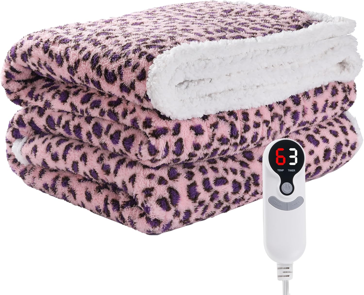 Eydna Electric Heated Blanket Full Size 72"×84" with 9 Heating Levels & 1-10Hs Auto Off, Plush Sherpa, Energy Efficient, Machine Washable, for Couch & Bed, Leopard Print Pink & Purple