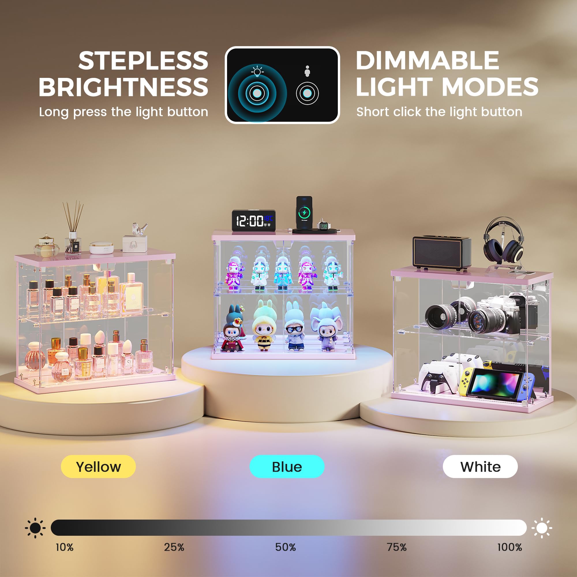 FREDEES Vitrina de cristal transparente con luz LED, compacta de 2 niveles con estación de carga y sensor de movimiento, para figuras de acción, coleccionables, modelos de coche y color rosa perfume