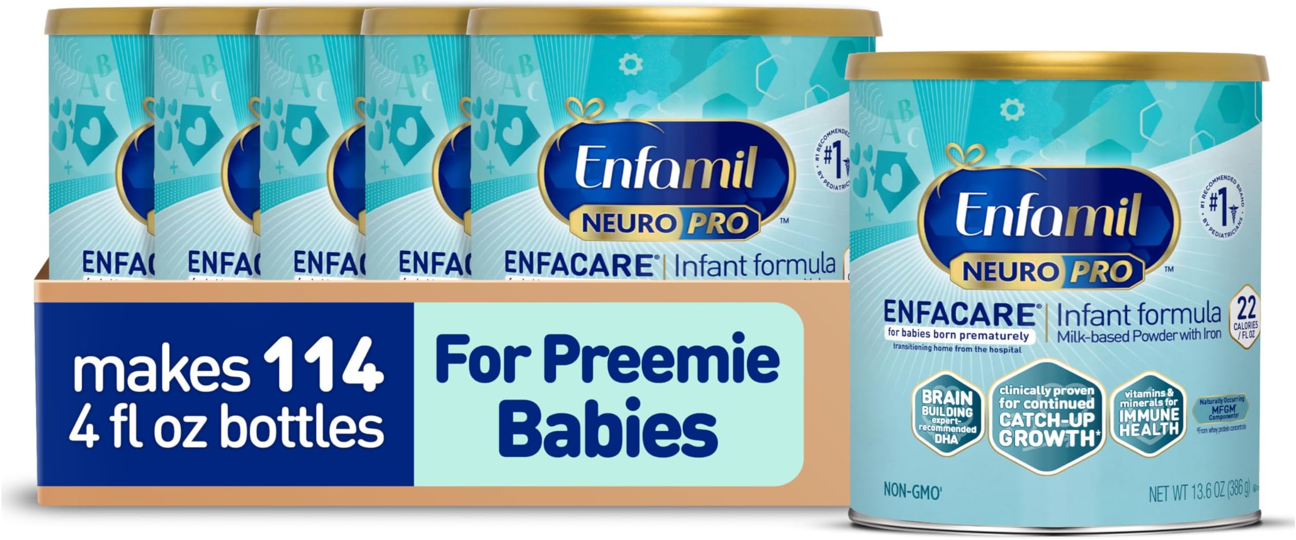 Enfamil NeuroPro EnfaCare High Cal Premature Baby Formula Milk-Based with Iron, Brain-Building DHA, Vitamins & Minerals for Immune Health, Powder Can, 13.6 Oz (6 Count)