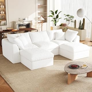 Cloud Sectional Couches, 108" U-Shape Boneless Sofa, Modular Sectional Sofa for Living Room,Freely Configurable,Deep Seating,Non-Slip Bottom, No Assembly Required(White,3 Seater+2 Ottoman