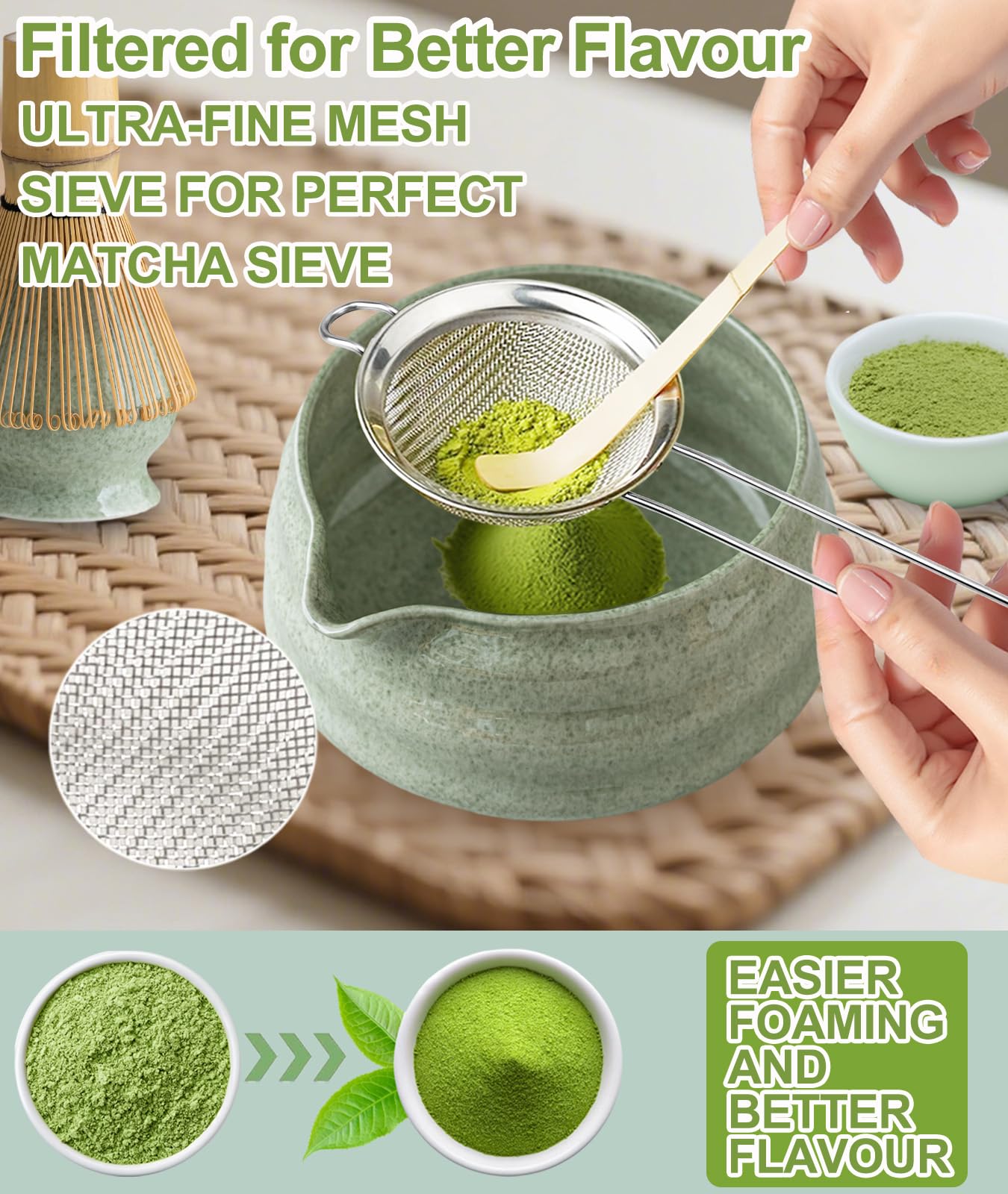 JBER Matcha Kit 7 Piezas - Kit Té Matcha de Ceremonia Japonesa con Tazón con Pico, Batidor de Bambú Chasen y Accesorios Completos, el Juego de Matcha Perfecto para Amantes del Té Matcha, Verde Matcha