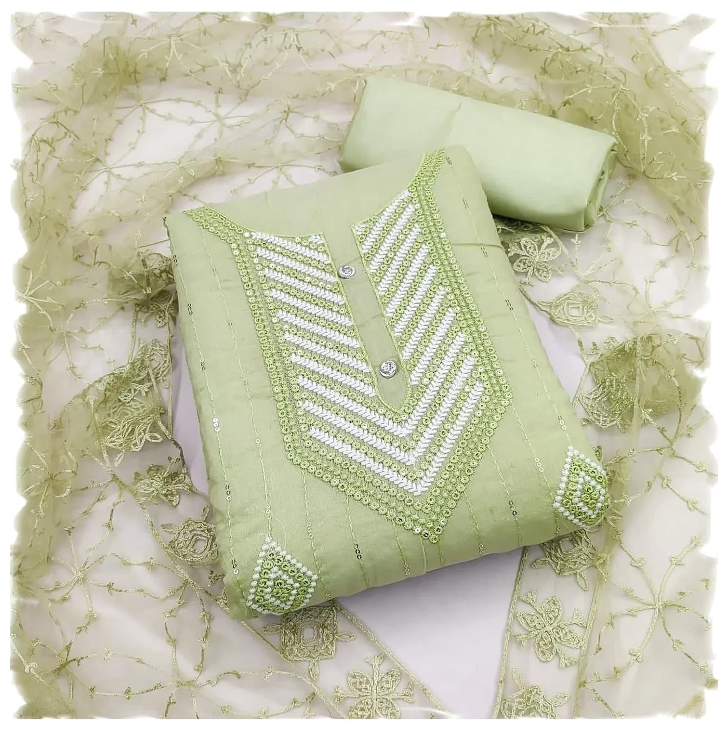 StyleScope Women’s Heavy Chanderi Embroidery Sequence Work Unstitched Salwar Suit Dress Material With Net Work Dupatta (Free Size)