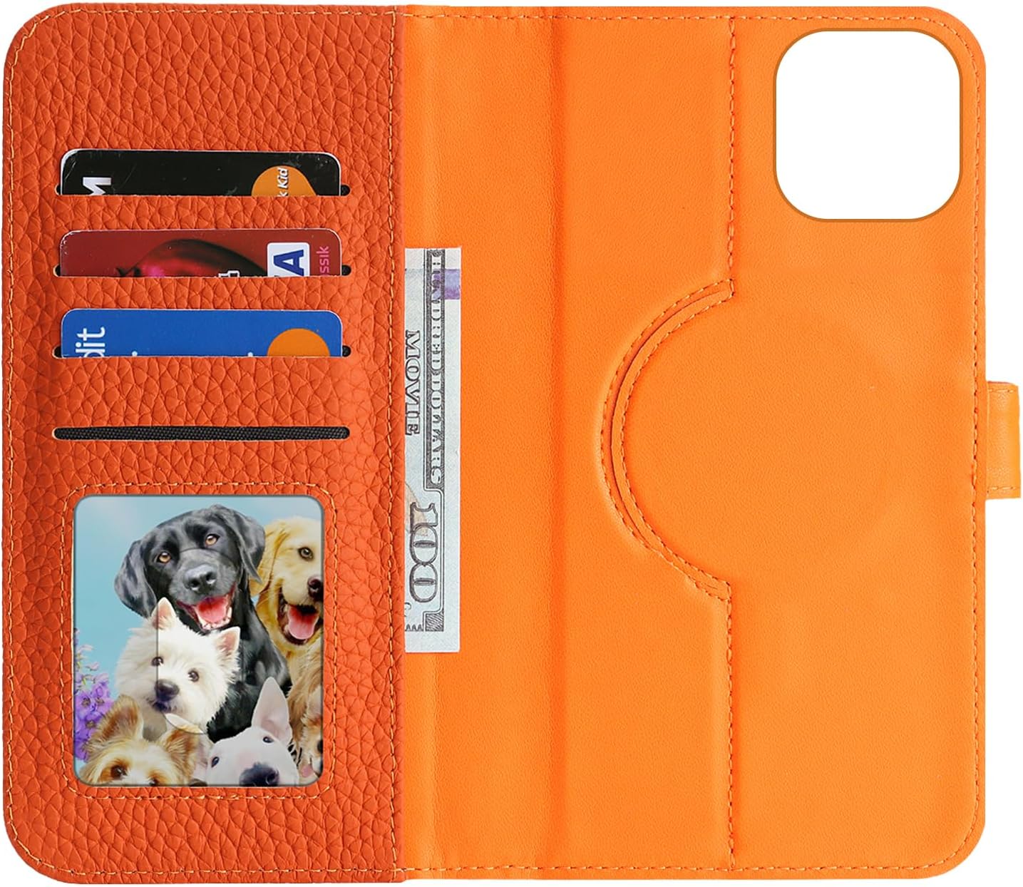 Detachable Genuine Leather Case for iPhone 13/14 Wallet Case Magnetic 2in1 Removable Flip Cover Support Magsafe Charging Stand Function Card Holder Shockproof Protective Cover-Orange