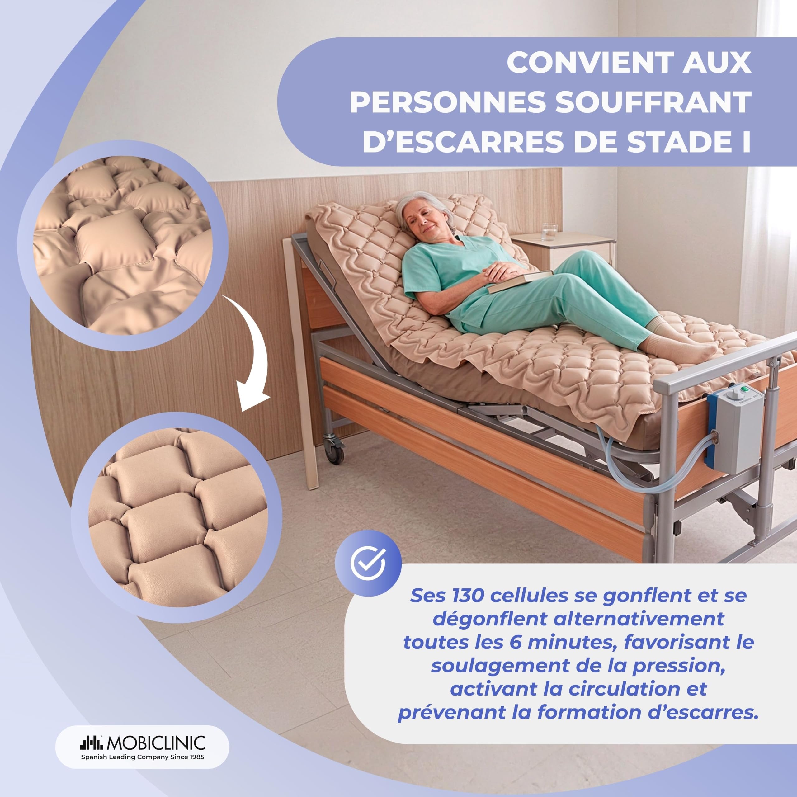 Mobiclinic® Matelas Anti-escarres à air alterné, Moteur Silencieux, Mobi 1, Télécommande, 200 x 90 x 7 cm, Kit de réparation, Convient aux Lits articulés, 130 cellules, Beige