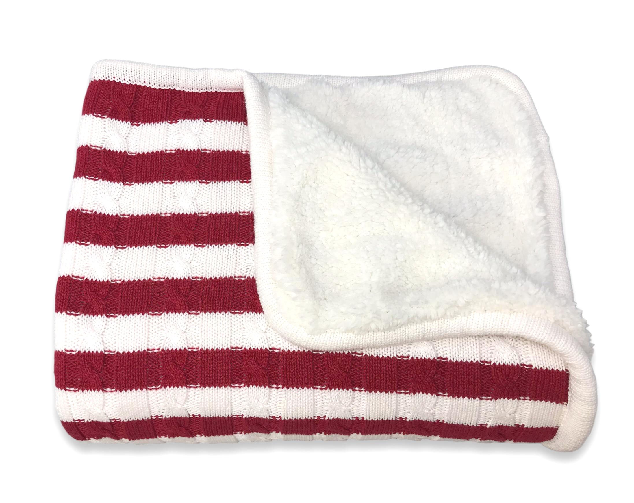 effe bebe Magnolia - Manta de punto trenzado y sherpa para bebé (rayas rojas británicas)