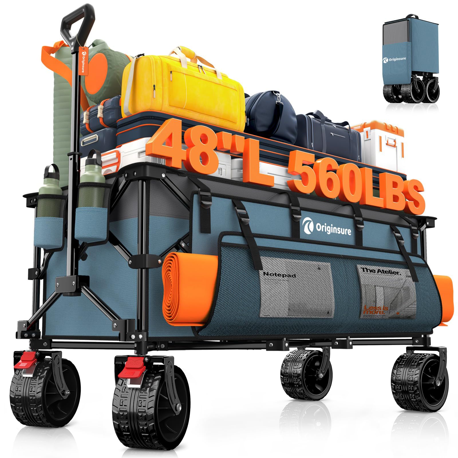 Originsure 300L Foldable Beach Wagon Cart with Big Wheels,560lbs,Grey&amp;Blue