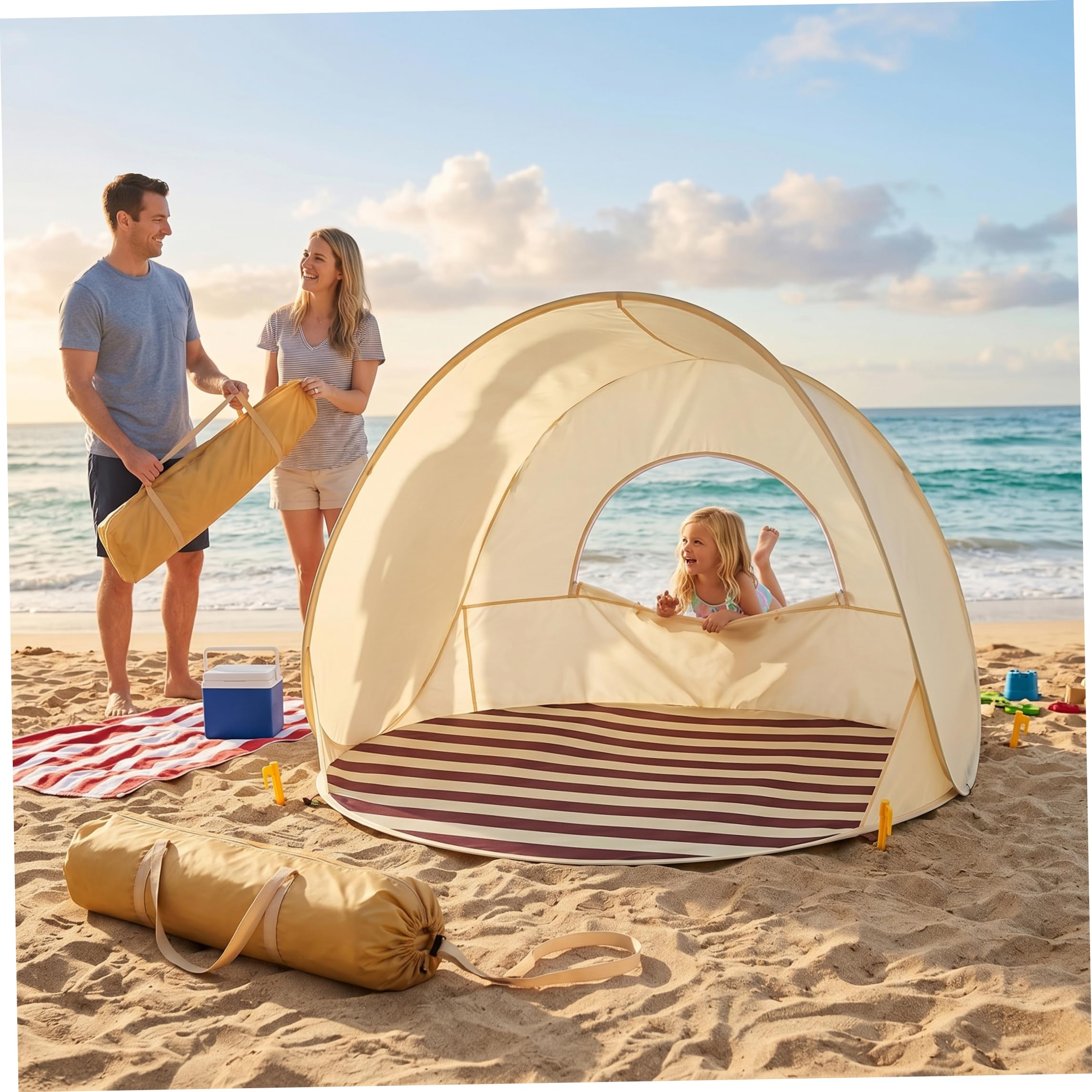 Tente de Plage Anti UV pour bébé, Tente de Plage, Pop-Up instantané Anti UV pour 2-3 Personnes avec Accessoires, Pare-Soleil ventilé et Portable pour l'extérieur, Beige