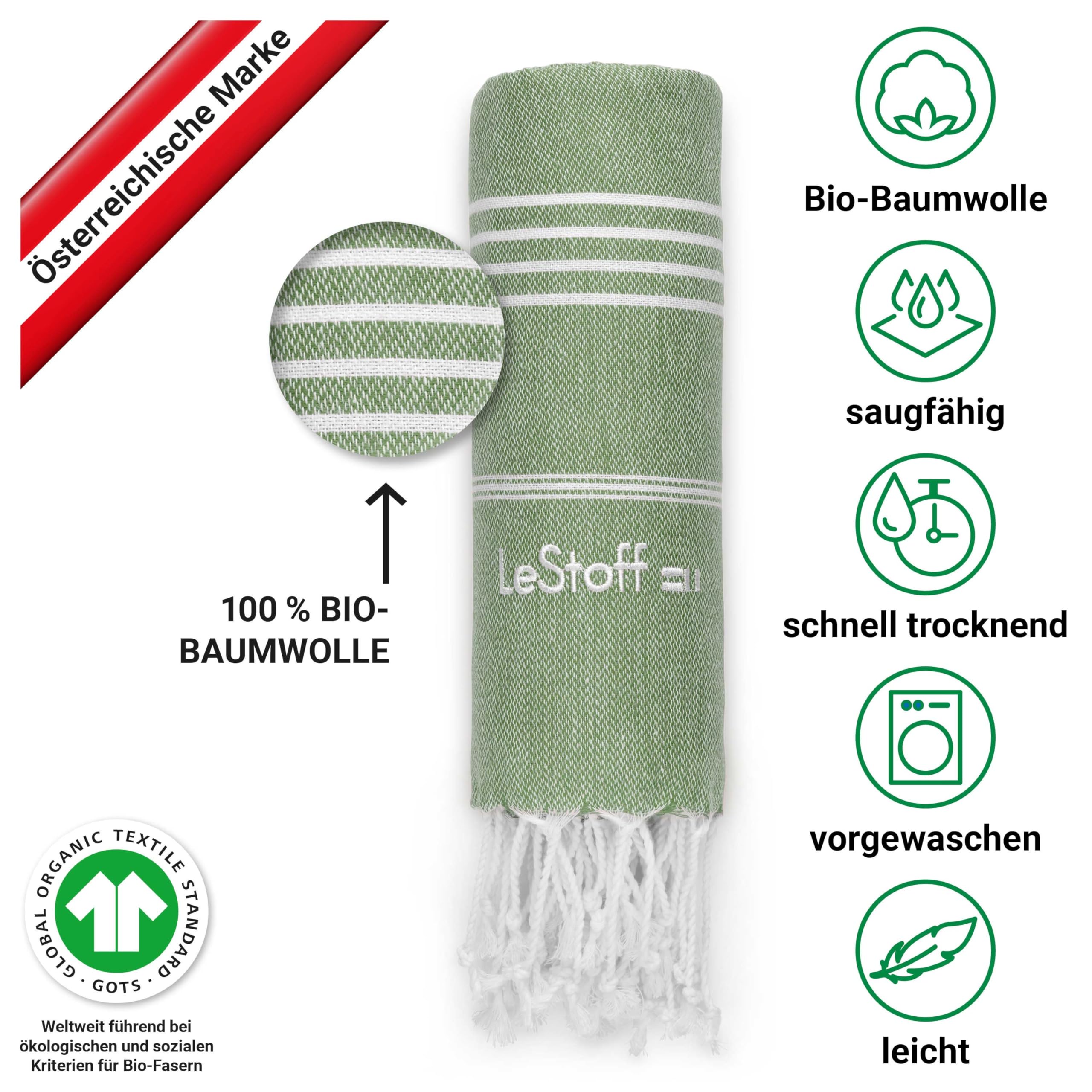 LeStoff 2er-Set Hamamtuch 95 x 180 cm 100% Bio-Baumwolle Saugstark Schnelltrocknend Reisehandtuch Badetuch Saunatuch Strandtuch Hellblau Olive